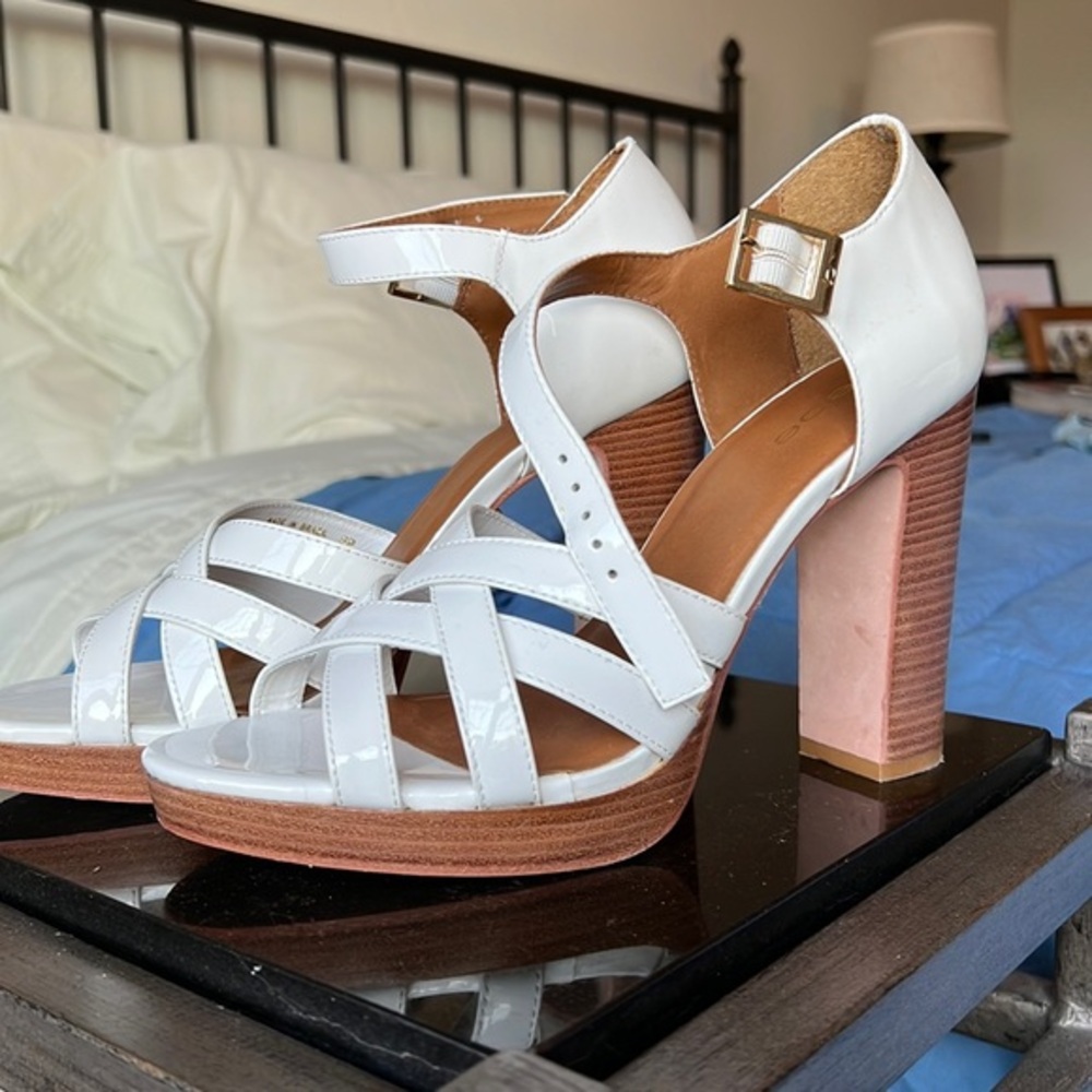 Bebe White Patent Strappy Heels, Sz 8